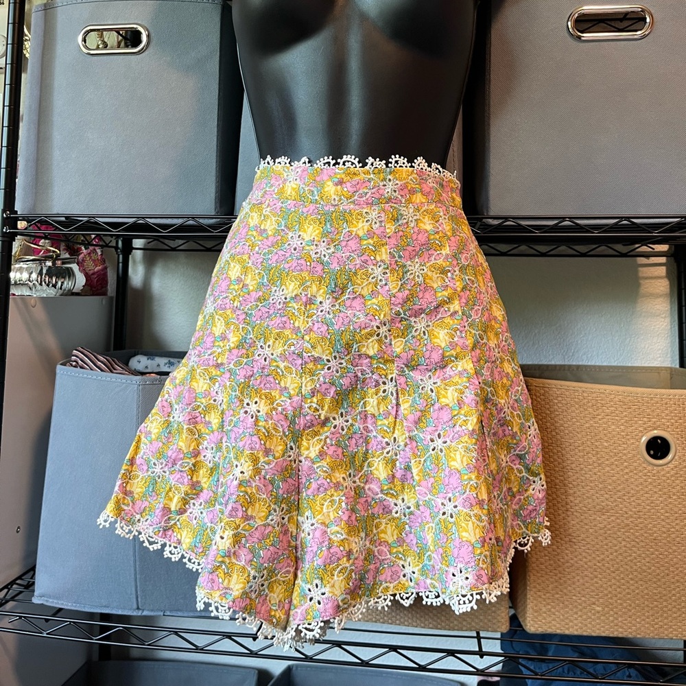 Lulu's Yellow & Pink Floral Lace-Trim Skater Skirt/Shorts